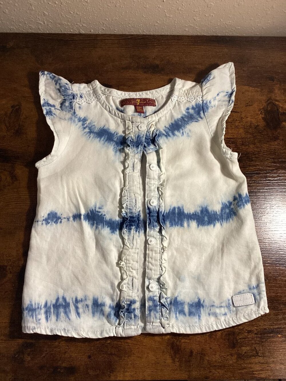 Girls 24M White & Blue Tie-Dye Ruffle Button-Front Top